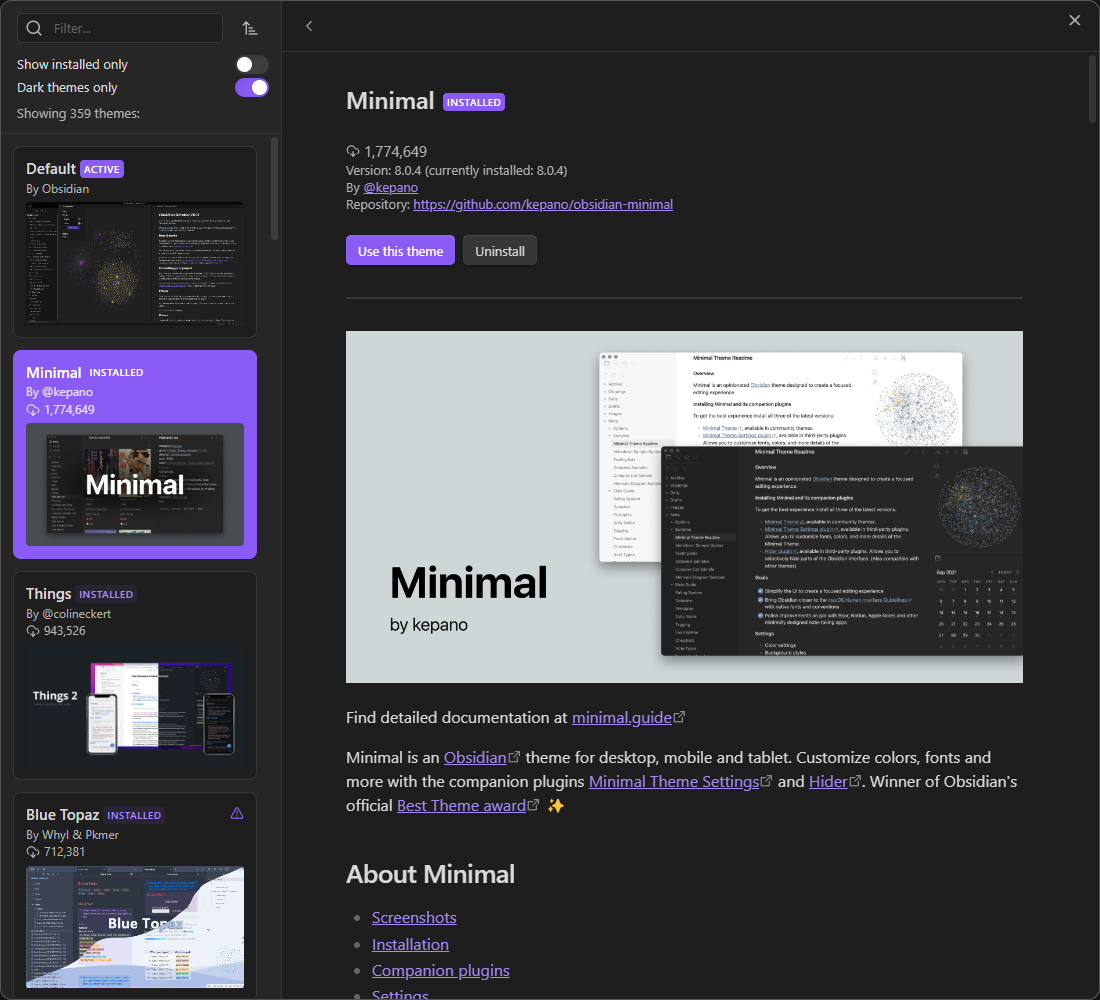 Obsidian theme screenshots